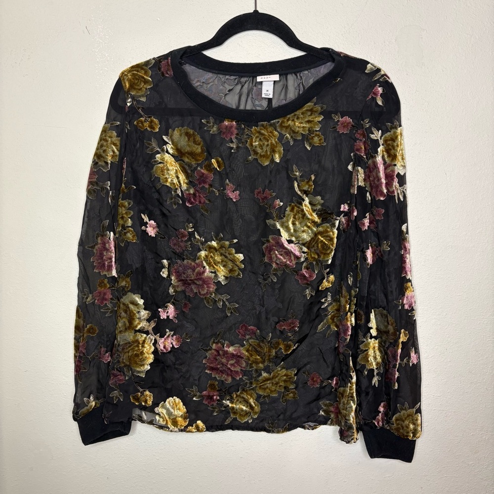 a new day Black Floral Velvet Burnout Long Sleeve Top with Gold and Pink Flowers